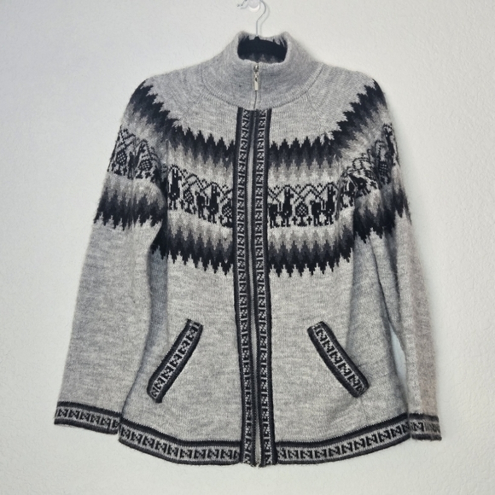 Alpaca Connection Womens Small Grey Fair Isle Llama Full Zip Cardigan Sweater‎